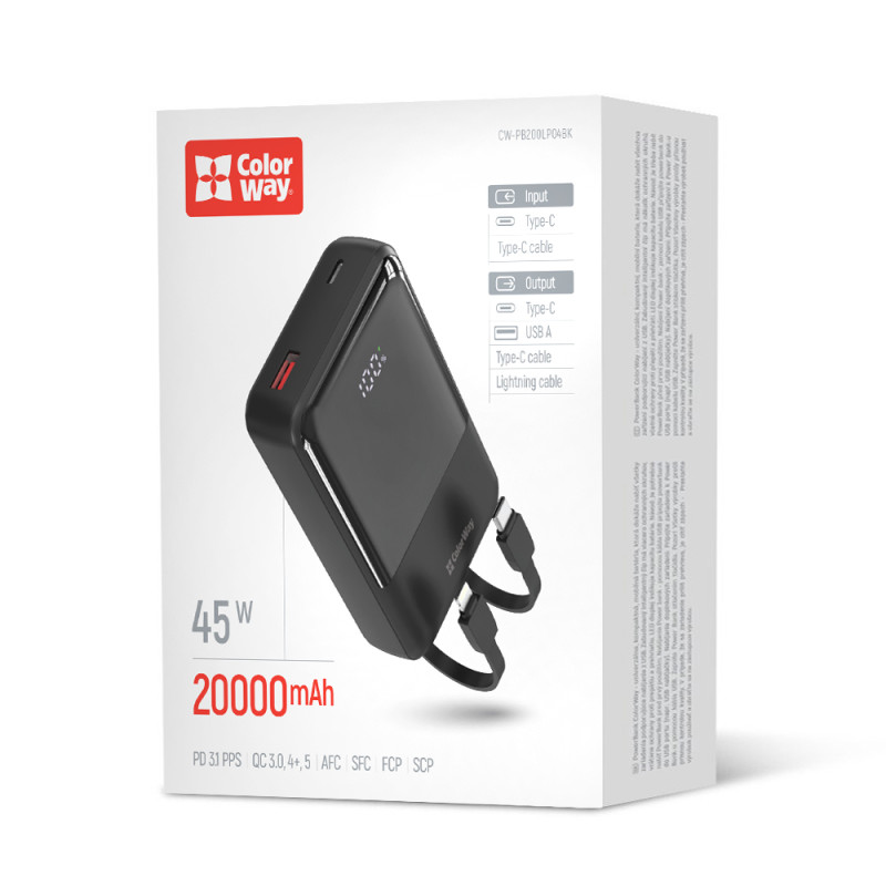 Батарея універсальна ColorWay 20 000 mAh DigiPower PD/45W, QC/4.0, Black