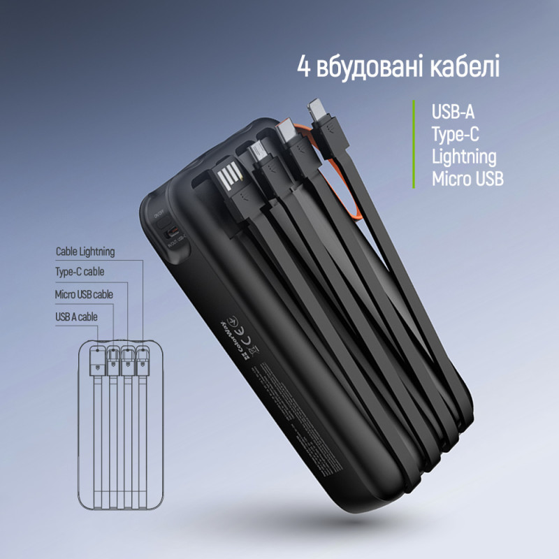 Батарея універсальна ColorWay 20 000 mAh PowerHub (USB QC4.0 + USB-C PD22.5W) Black