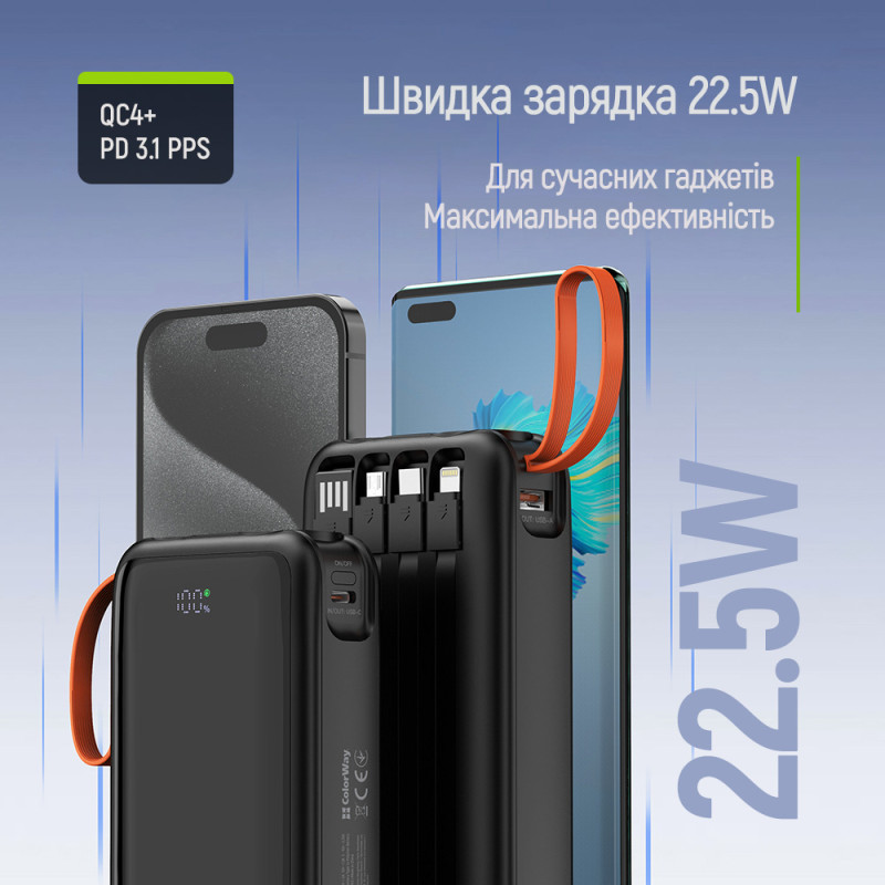 Батарея універсальна ColorWay 20 000 mAh PowerHub (USB QC4.0 + USB-C PD22.5W) Black