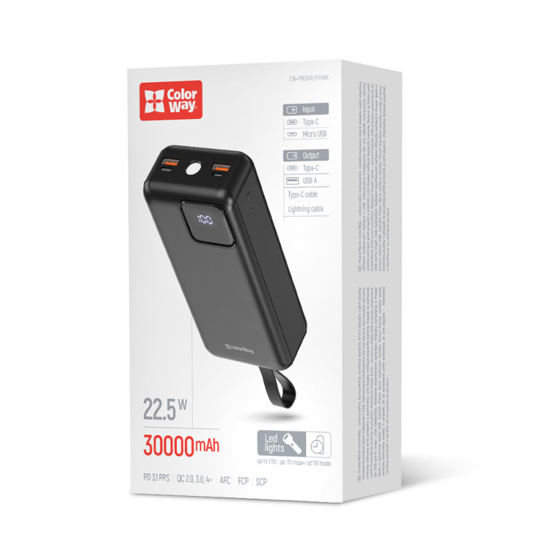 Батарея універсальна ColorWay 30 000 mAh EnergyHub (USB QC4.0 + USB-C PD22.5W) Black