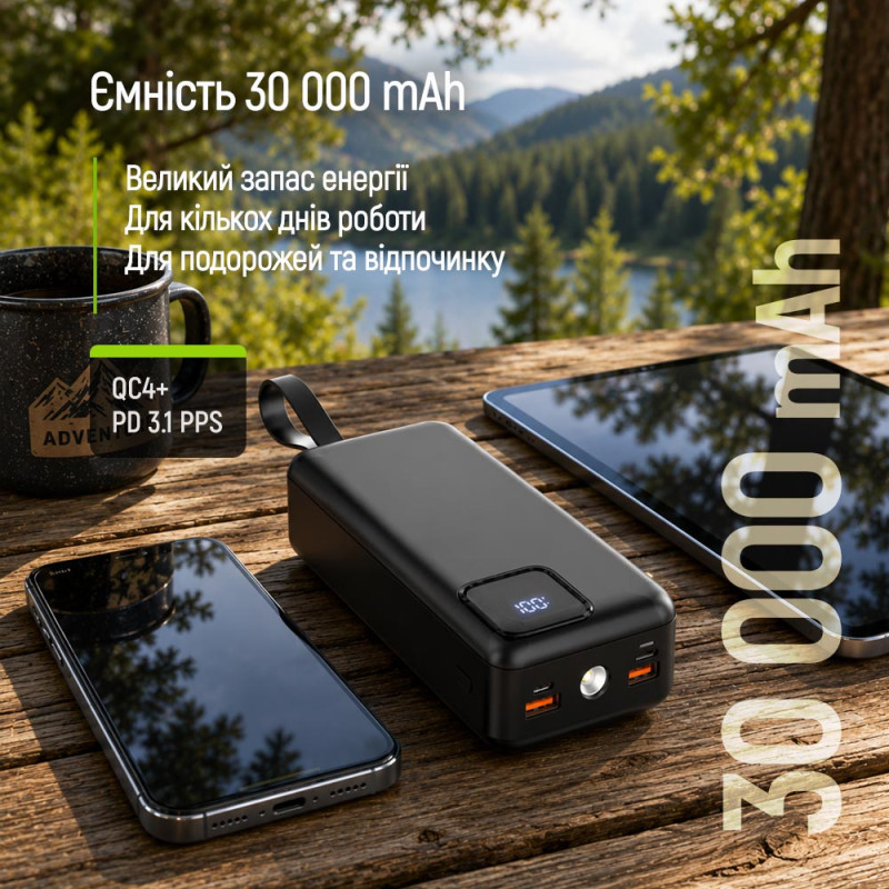 Батарея універсальна ColorWay 30 000 mAh EnergyHub (USB QC4.0 + USB-C PD22.5W) Black