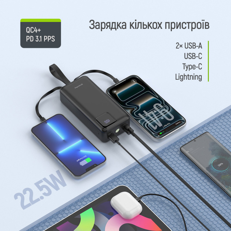 Батарея універсальна ColorWay 30 000 mAh EnergyHub (USB QC4.0 + USB-C PD22.5W) Black