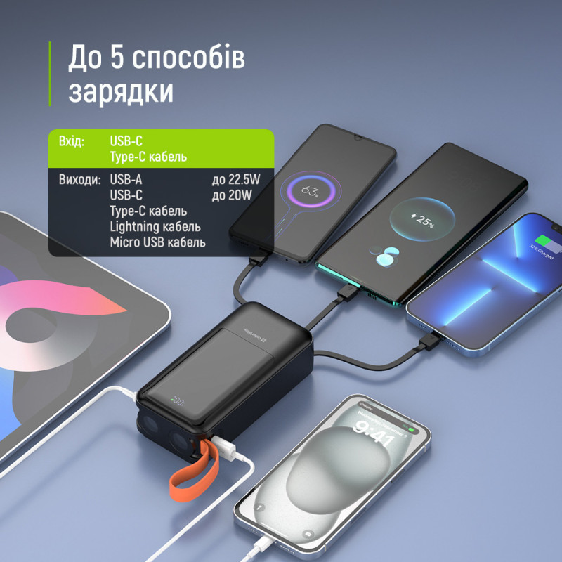 Батарея універсальна ColorWay 30 000 mAh PowerHub PD/22.5W, QC/4.0, Black